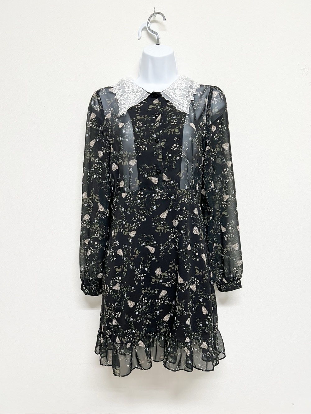 Common Unique Womens Whimsigoth Black Floral Lace Collar Long Sleeve Dress OS